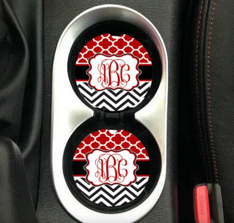 Red & Black Monogram Sandstone Car Coasters