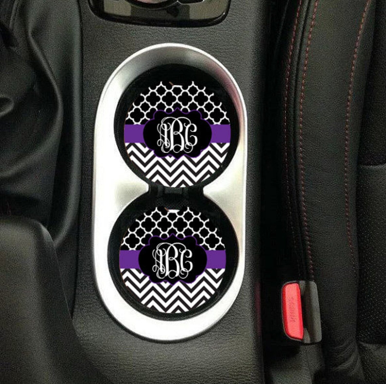 Purple & Black Monogram Sandstone Car Coasters