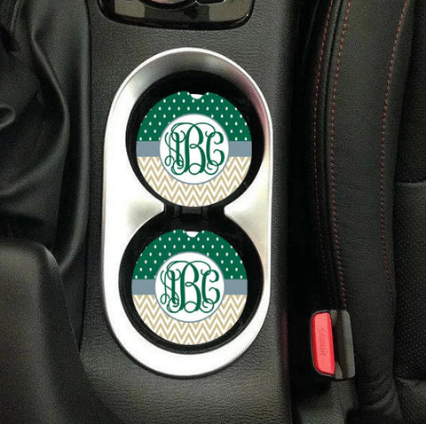 Green & Gold Monogram Sandstone Car Coasters