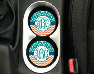 Green & Orange Monogram Sandstone Car Coasters