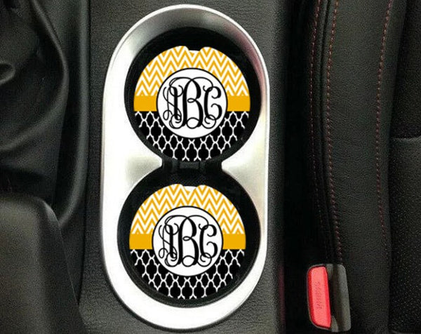 Yellow & Black Monogram Sandstone Car Coasters