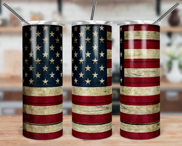 American Flag, Blue, Red, Green, and Yellow Line Skinny Tumbler