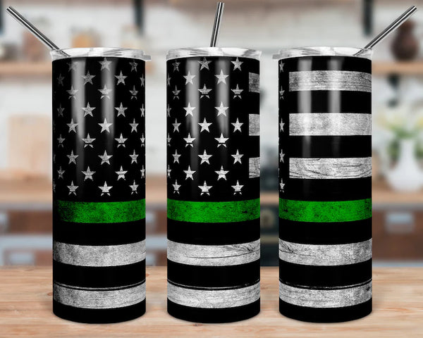 American Flag, Blue, Red, Green, and Yellow Line Skinny Tumbler