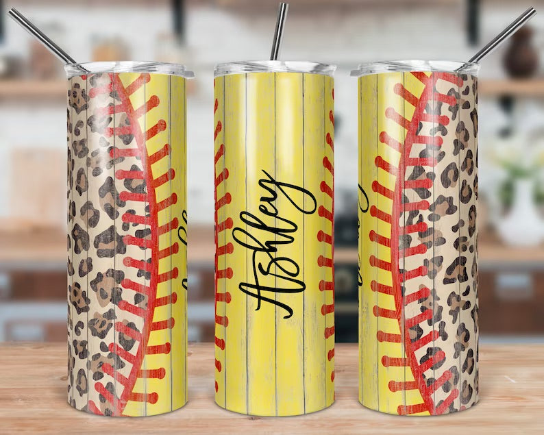 Wooden Leopard Print Softball Skinny Tumbler