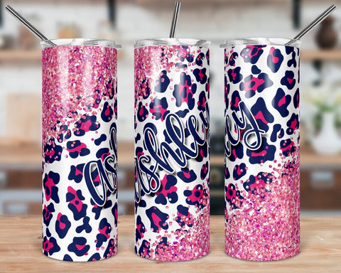 Navy Blue and Hot Pink Leopard Glitter Look Skinny Tumbler