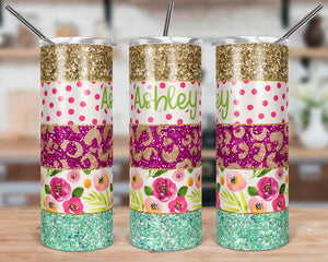 Floral Striped Glitter Skinny Tumbler