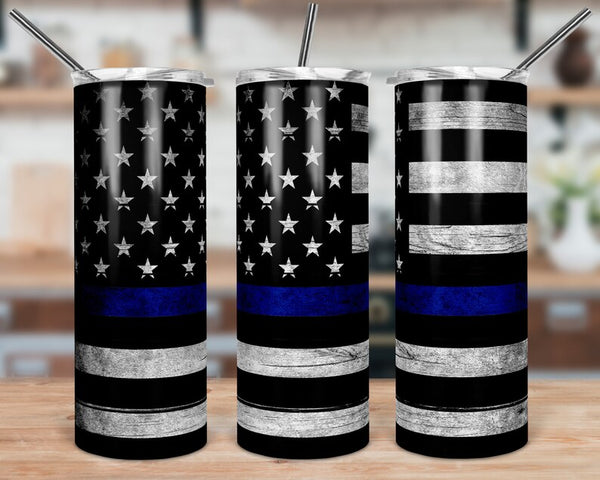 American Flag, Blue, Red, Green, and Yellow Line Skinny Tumbler