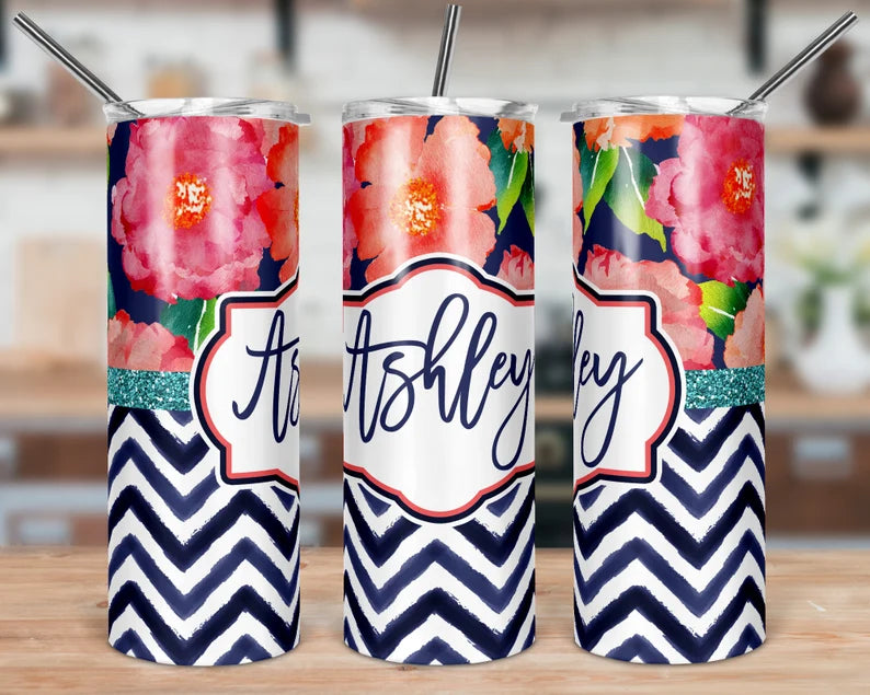 Navy Chevron Floral Skinny Tumbler